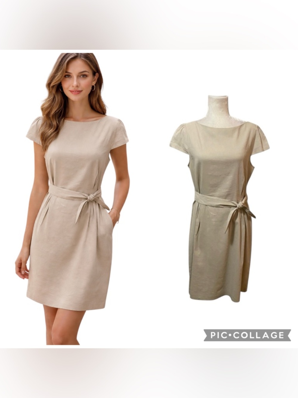 Theory Analba Linen Blend A-Line Dress Cap Sleeve Knee Length Beige Size 12